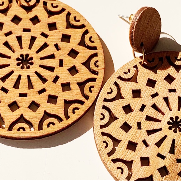 Wood Mandala Round Statement Earrings - Picture 6 of 7